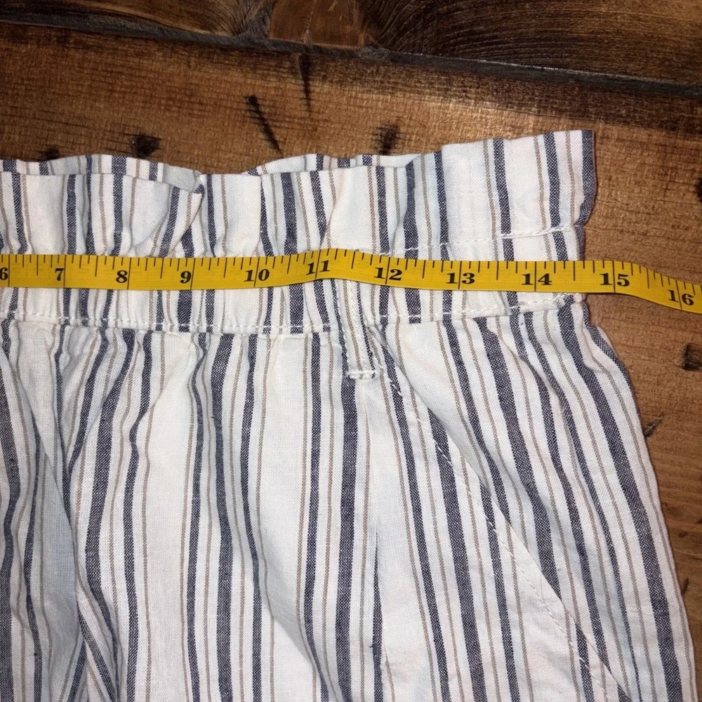 Women's M Linen Blend Paper Bag Coastal Stripe Preppy Pocket Vacay Resort Shorts